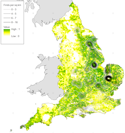 Combined affordance model for PAS finds in England overlain with contours created from a (20km kernel) KDE plot of the distribution PAS finds dating to the period 1500 BC–AD 1086