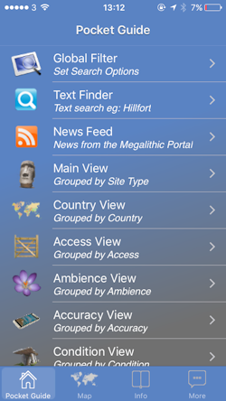 Figure 2 — The main 'Pocket guide' page of the app, showing the options for searching the database and the app's four primary navigational tabs at the bottom of the display