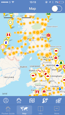 Figure 4: The in-app map display, showing 'clustered points' (yellow / orange) and some of the different icons used to represent different site typologies