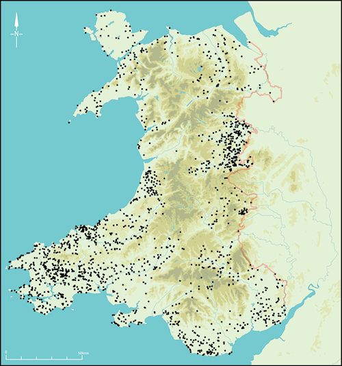 Figure 1: Distribution of all hillforts and defended settlements in Wales