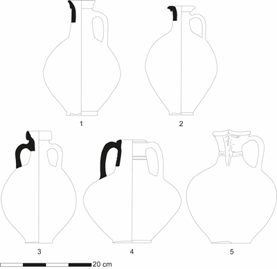 Drawings of common Flavian smooth-tempered flagons and coarse-tempered jugs