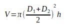V = Pi (D1 + D2 divided by 2) squared h