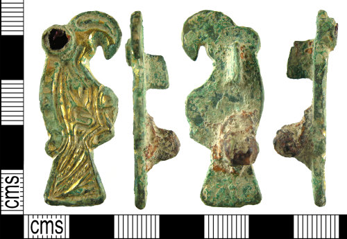 An incomplete early early-medieval (Anglo-Saxon, c.500-600) gilded copper-alloy zoomorphic plate bird brooch with garnet eye detail.