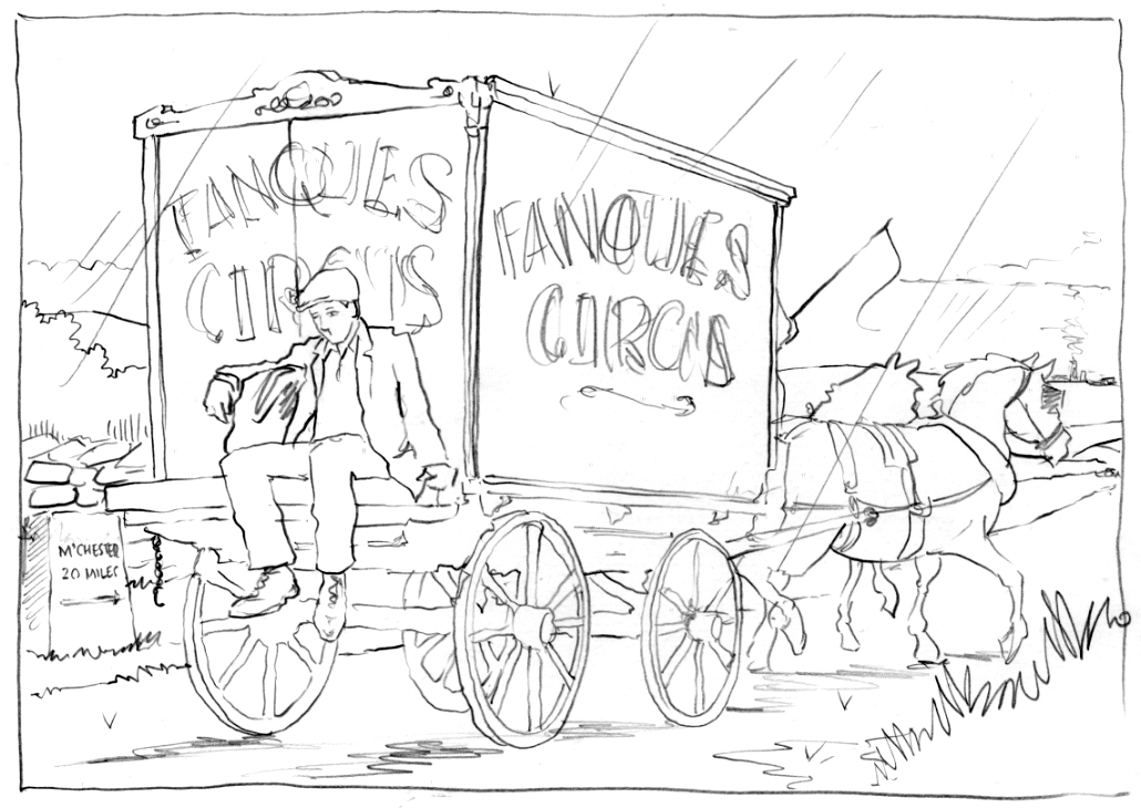 Pencil sketch of person travelling by circus cart