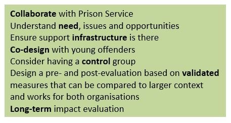 Collaborate with Prison Service; Understand need, issues and opportunities; Ensure support infrastructure is there; Co-design with young offenders; Consider havinga control group; Design a pre- and post-evaluation based on validated measures that can be compared to larger context and works for both organisations; Long-term impact evaluation.
