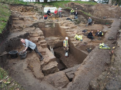 Trench showing participants in the community excavation at the castle
