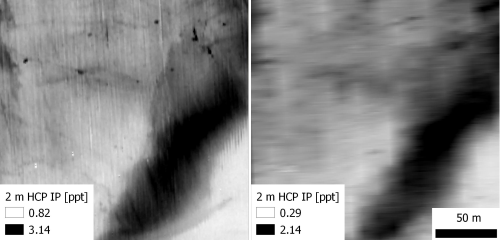 Geophysical survey data collected at a resolution typical for archaeological survey of 1.2m interline spacing (left) downsampled to 4.8m interline spacing (right).