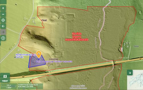 A map showing the Kavilda ruined fort, former hill-fort site monuments and the nature protection zone.