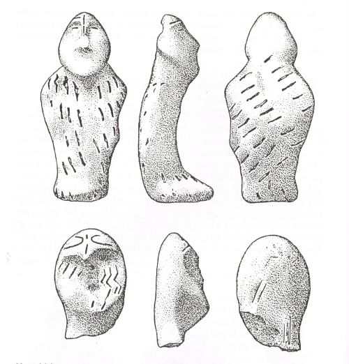Drawing of the front, side and back of two clay figurines
