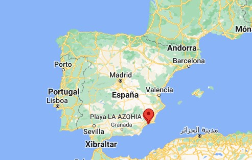 A map of Spain, with a red icon indication the location of the shipwreck, on the South-East coast of the country