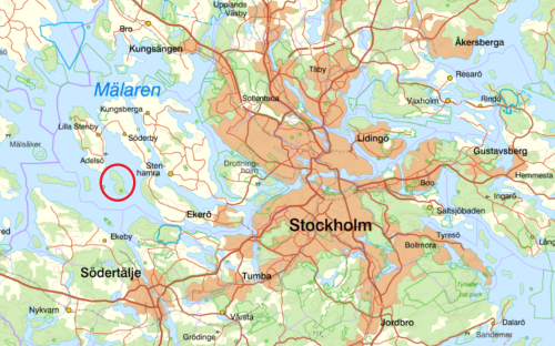 A map of Stockholm and the surrounding area, with the island of Björkö highlighted with a red circle