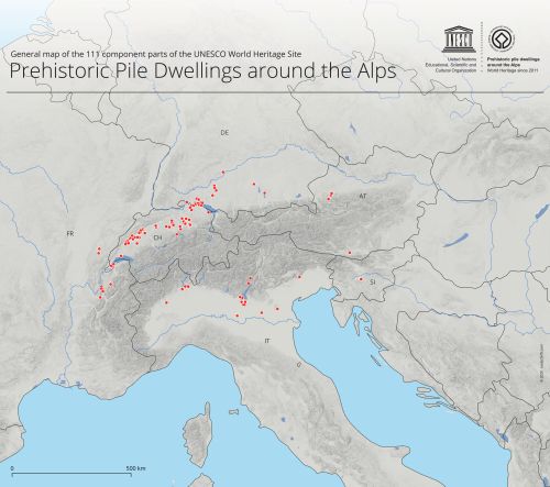 A map of Prehistoric Pile Dwellings around the Alps