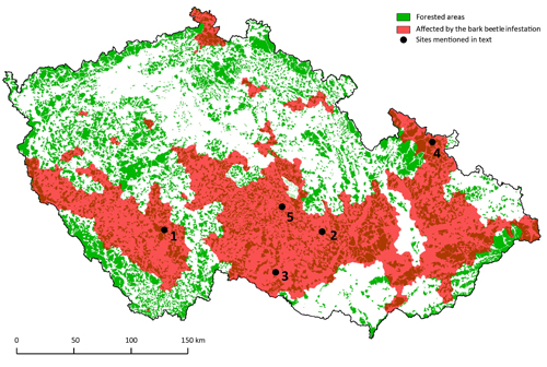 A map showing the intensity of bark beetle infestation in Czech forests (open sources). 1. Údraž (Písek district), 2. Mitrov (Žďár nad Sázavou district), 3. Komárovice (Třebíč district), 4. Petrovice (Bruntál district), 5. Utín (Havlíčkův Brod district)