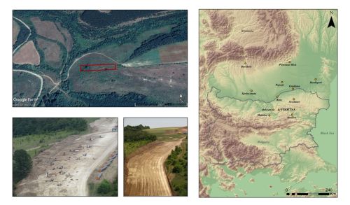A series of maps and aerial photos showing archaeological sites in Bulgaria