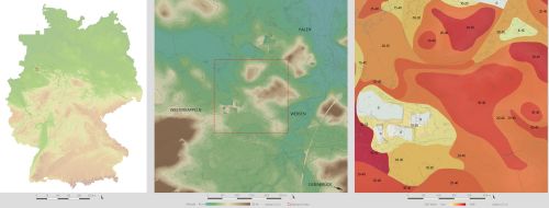 A series of maps showing research areas near Osnabrück and soil values within the study area