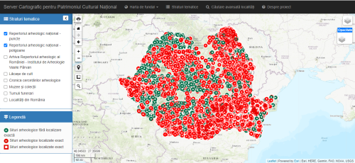 Screenshot of the National Cultural Heritage Map Server, displaying a large number of red icons on a map of Romania