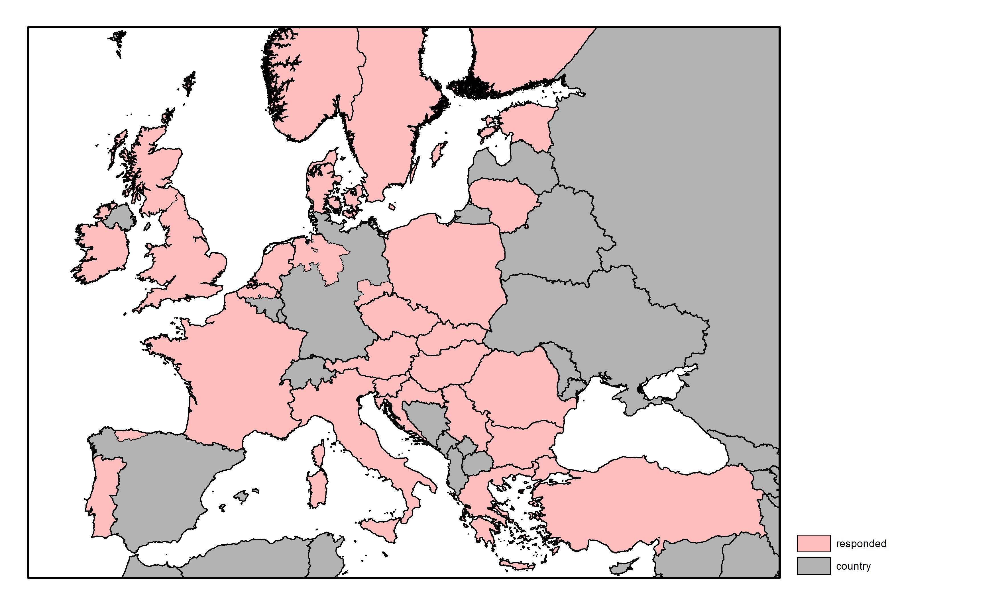 Figure 1: a map of Europe showing countries and regions in colour based on response rates to the survey question.