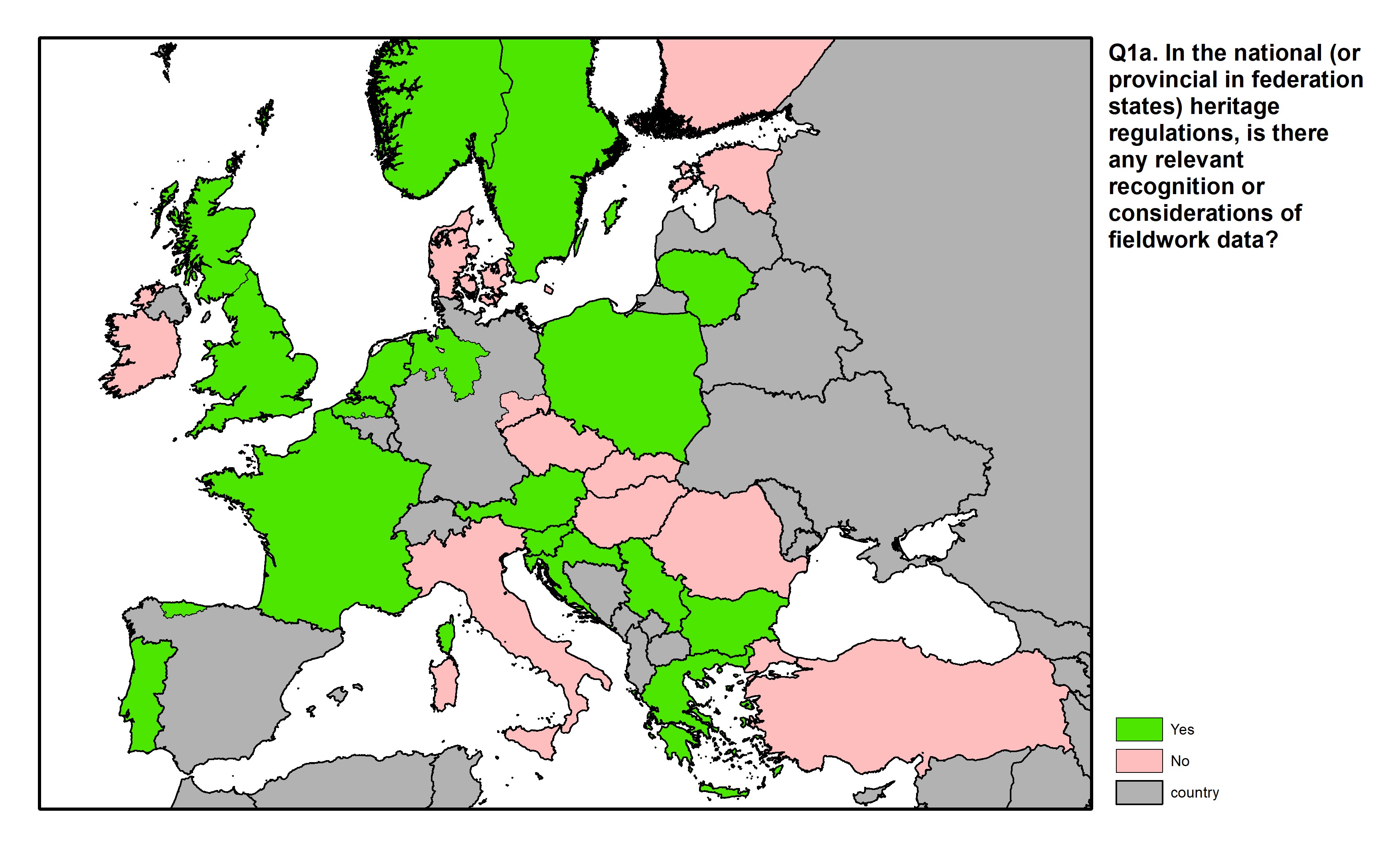 Figure 2: a map of Europe showing countries and regions in colour based on response rates to the survey question.