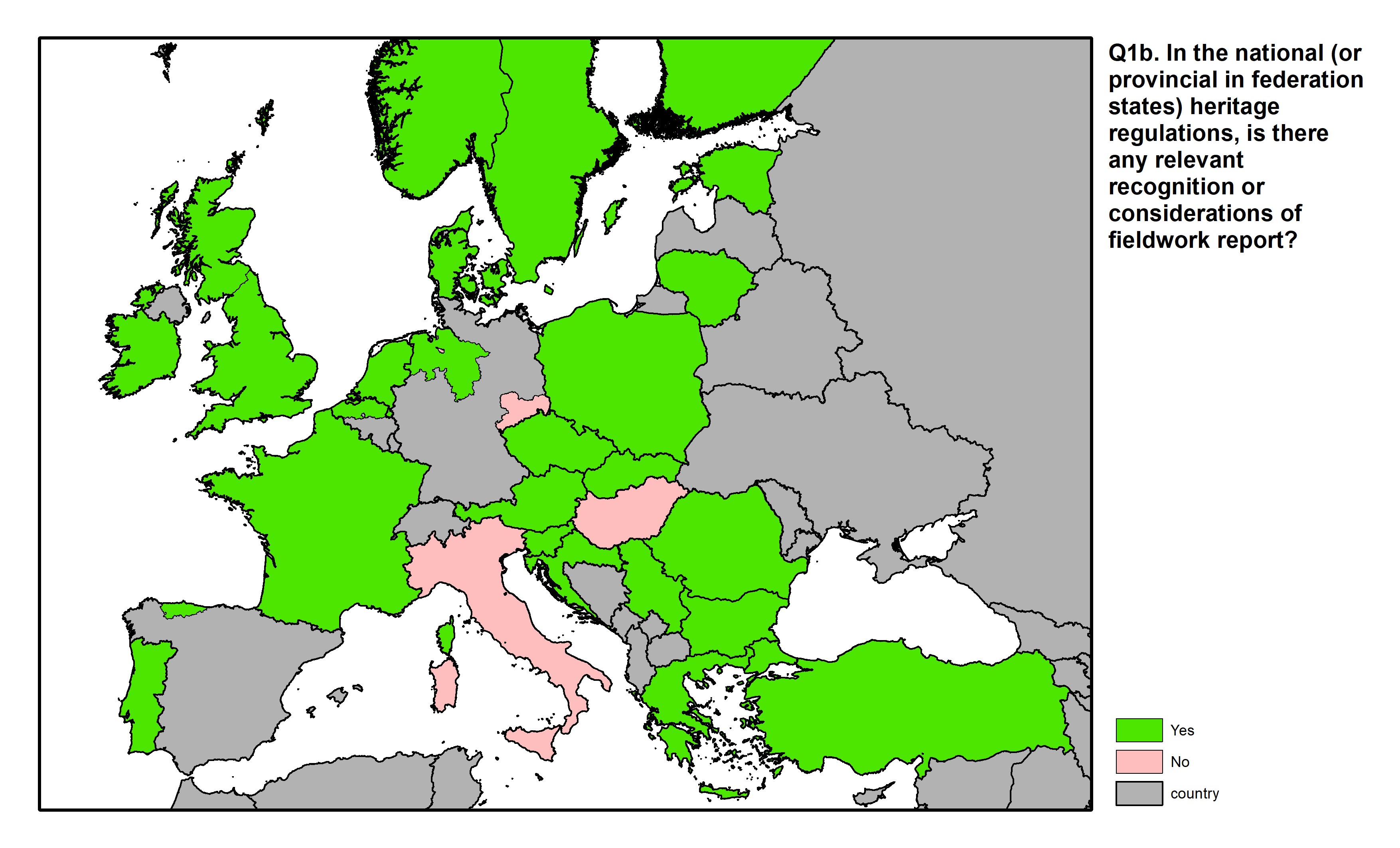 Figure 3: a map of Europe showing countries and regions in colour based on response rates to the survey question.