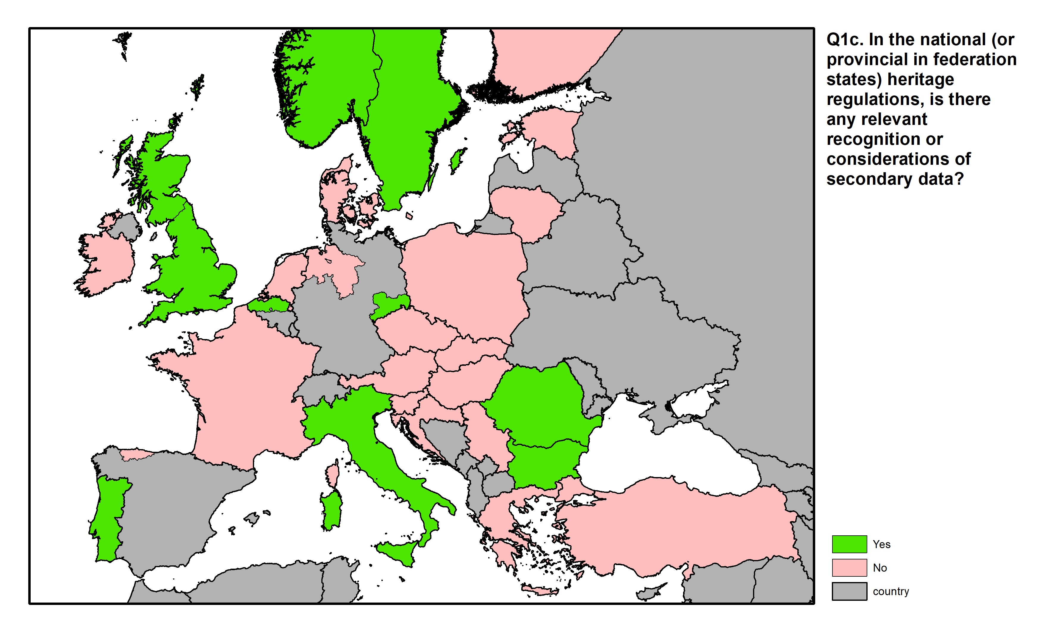 Figure 4: a map of Europe showing countries and regions in colour based on response rates to the survey question.