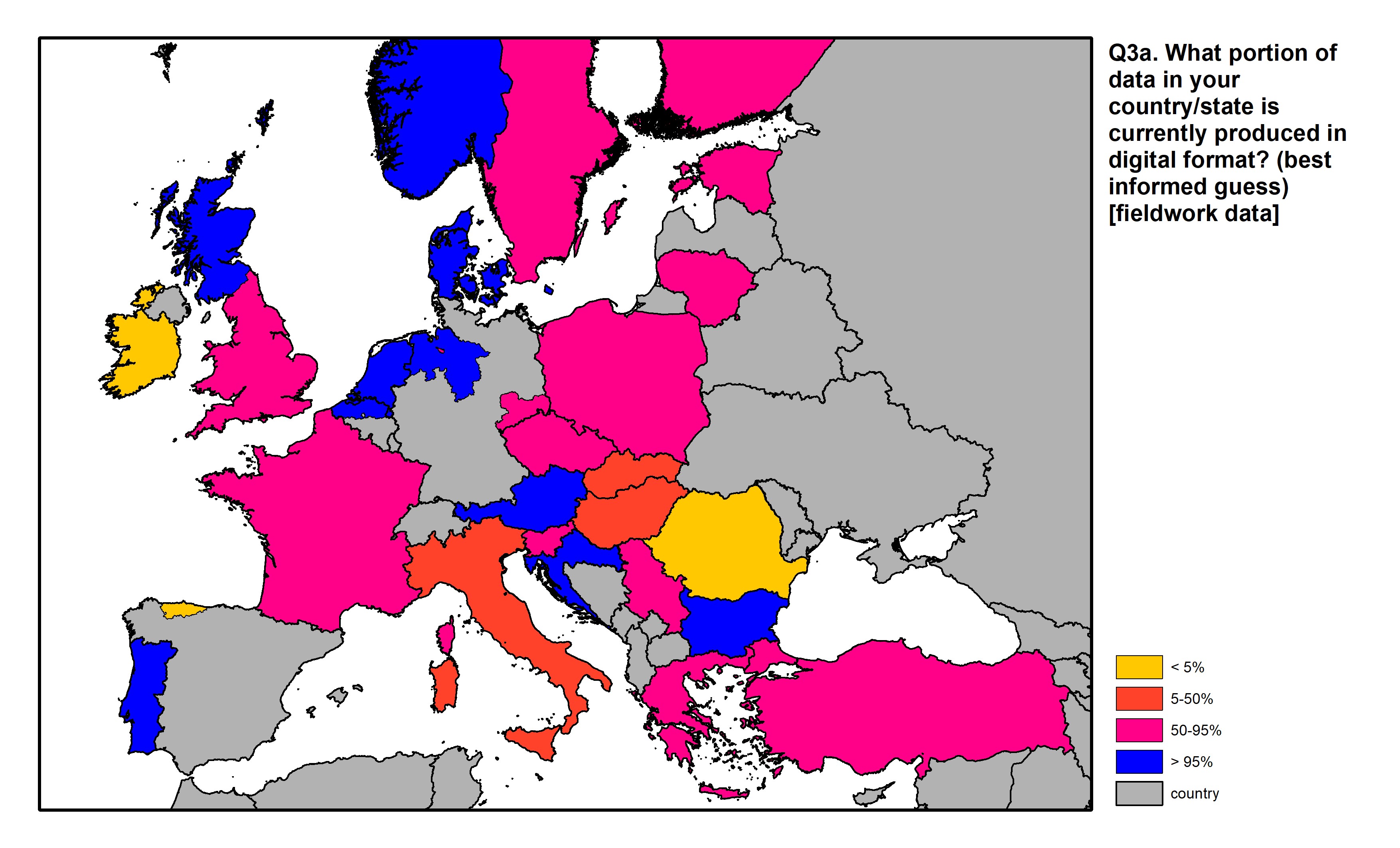 Figure 8: a map of Europe showing countries and regions in colour based on response rates to the survey question.
