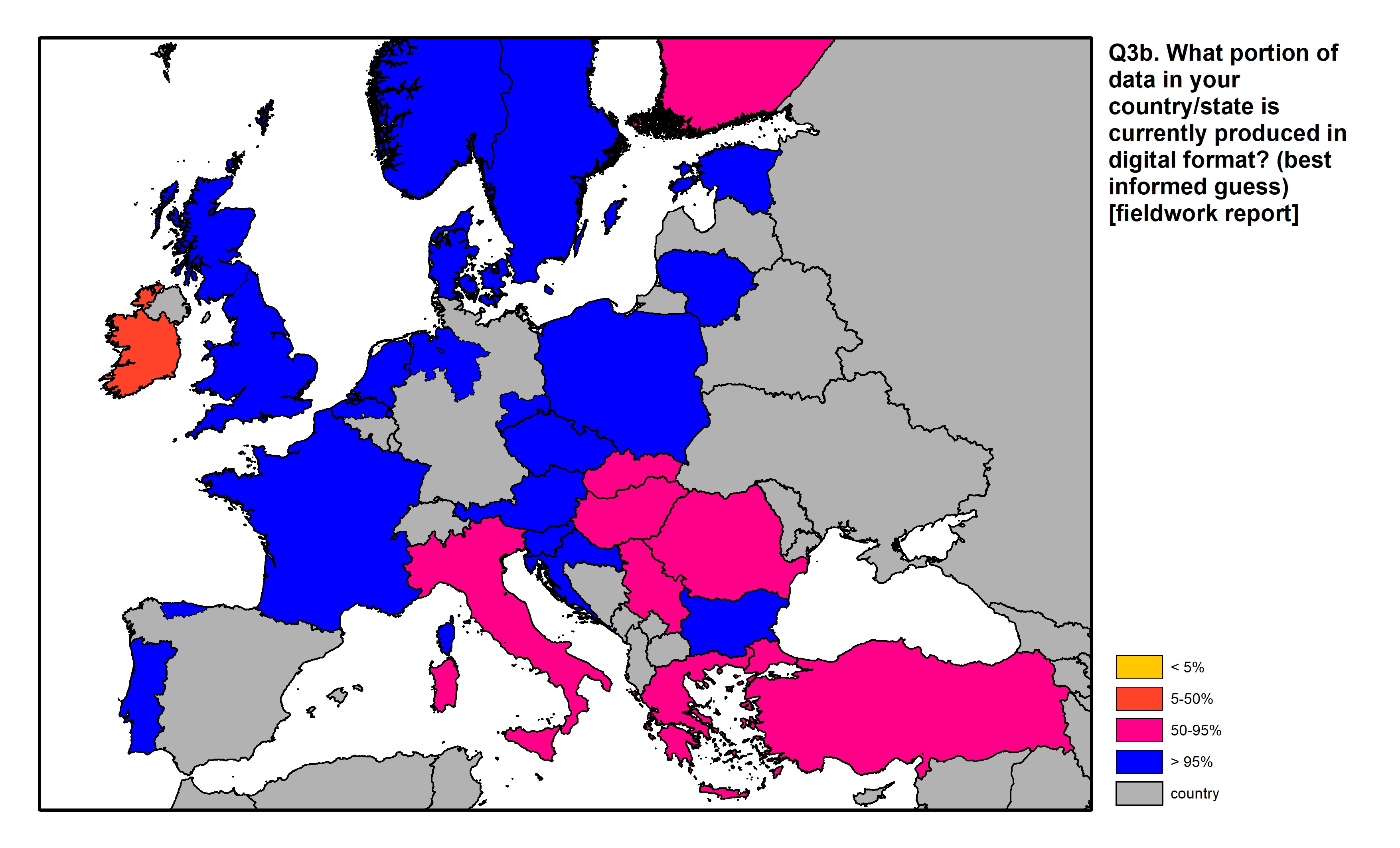 Figure 9: a map of Europe showing countries and regions in colour based on response rates to the survey question.