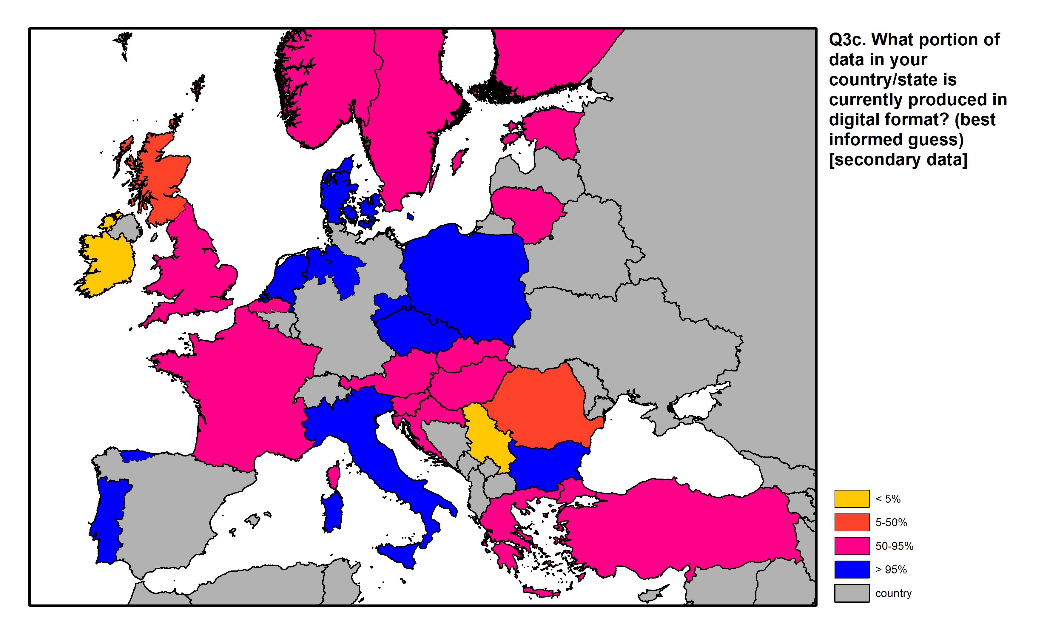 Figure 10: a map of Europe showing countries and regions in colour based on response rates to the survey question.