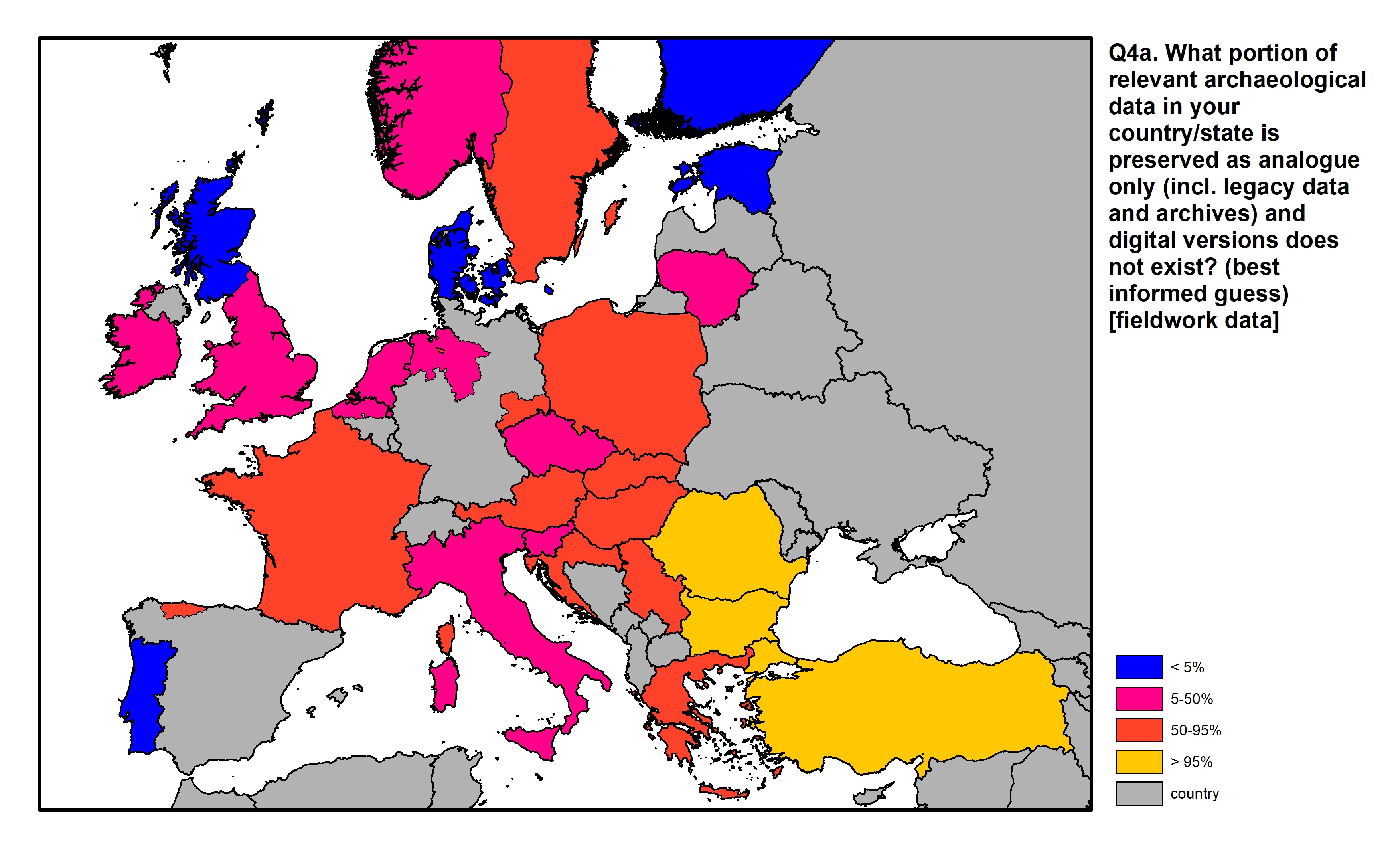 Figure 11: a map of Europe showing countries and regions in colour based on response rates to the survey question.