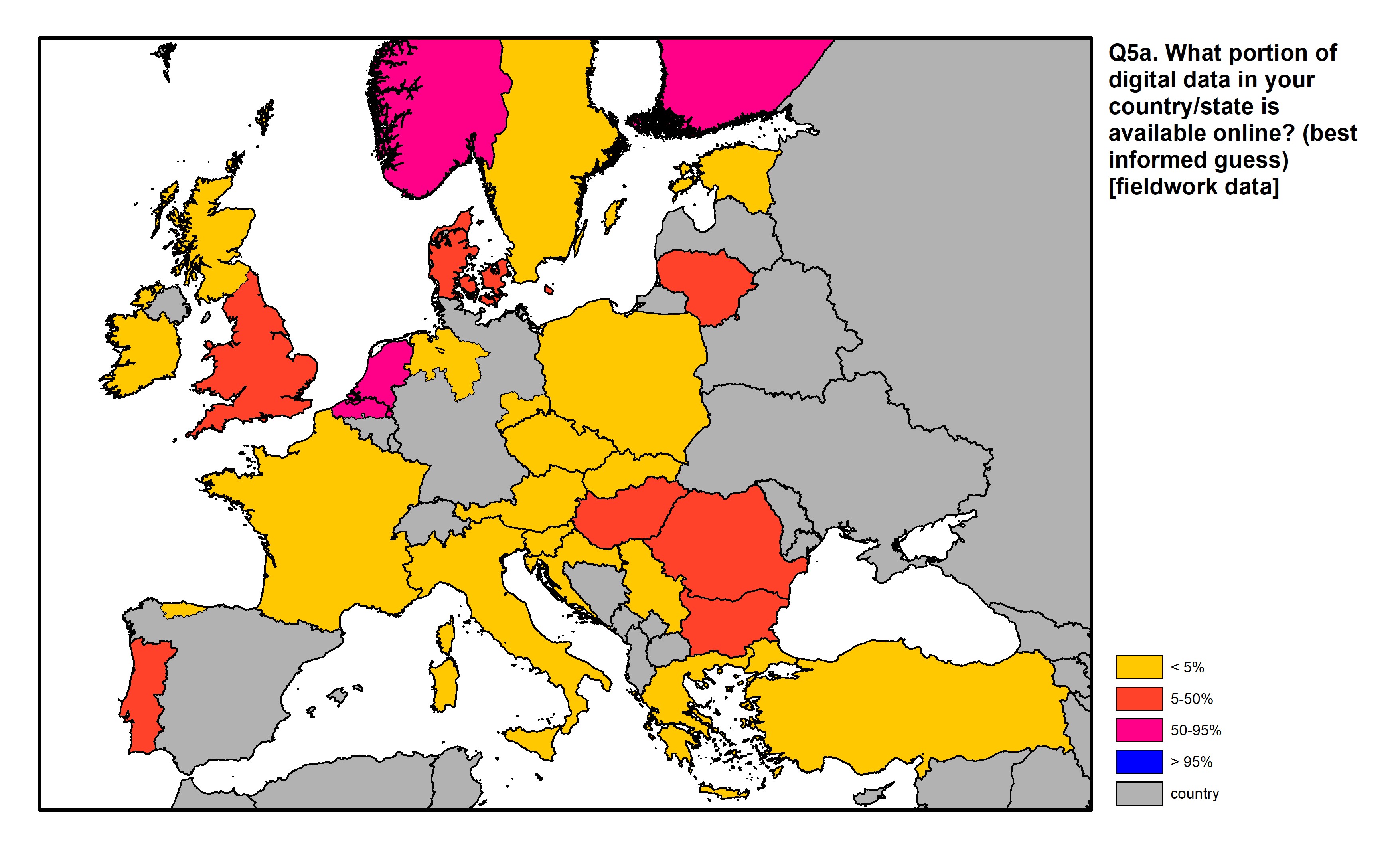 Figure 15: a map of Europe showing countries and regions in colour based on response rates to the survey question.