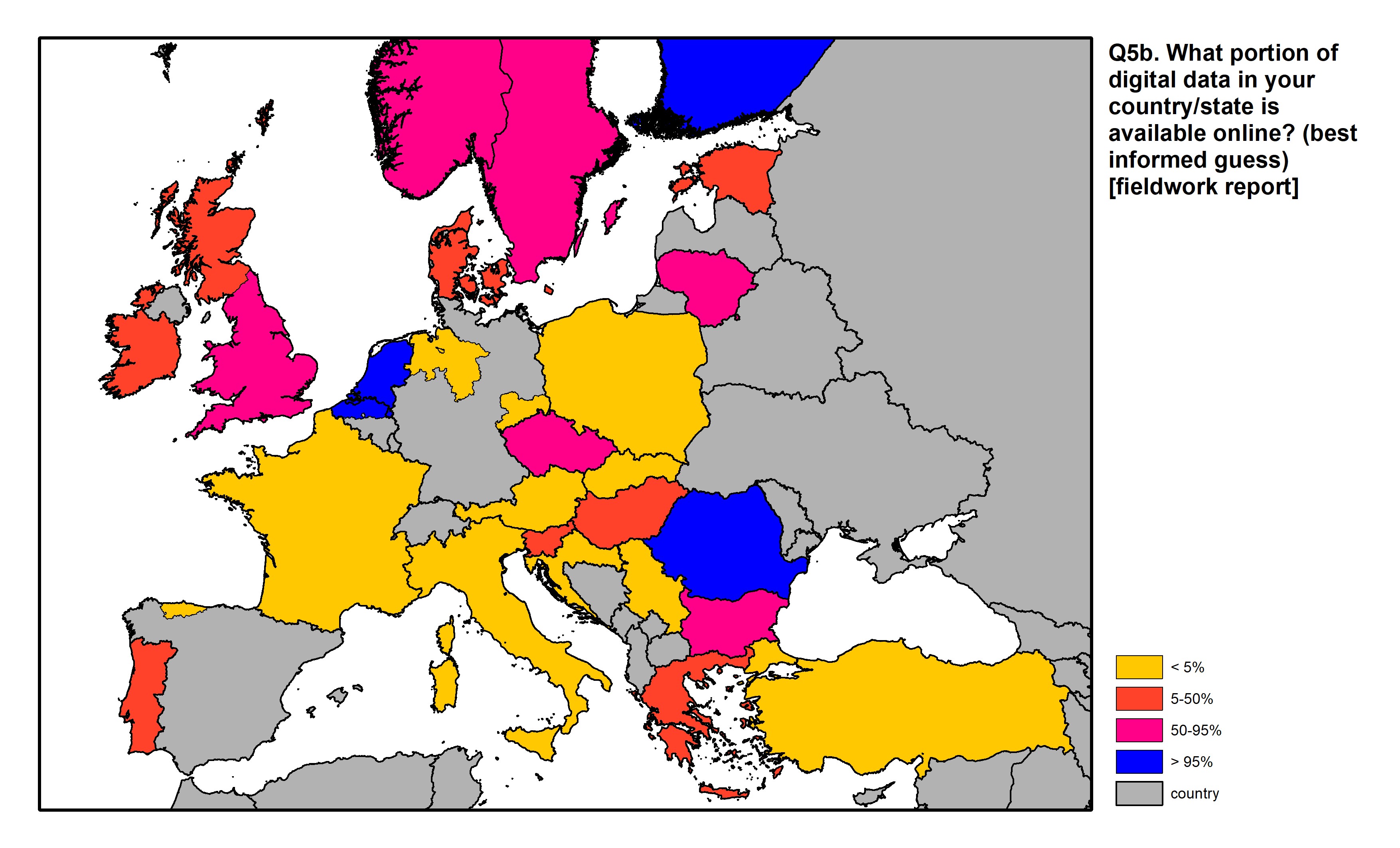 Figure 16: a map of Europe showing countries and regions in colour based on response rates to the survey question.