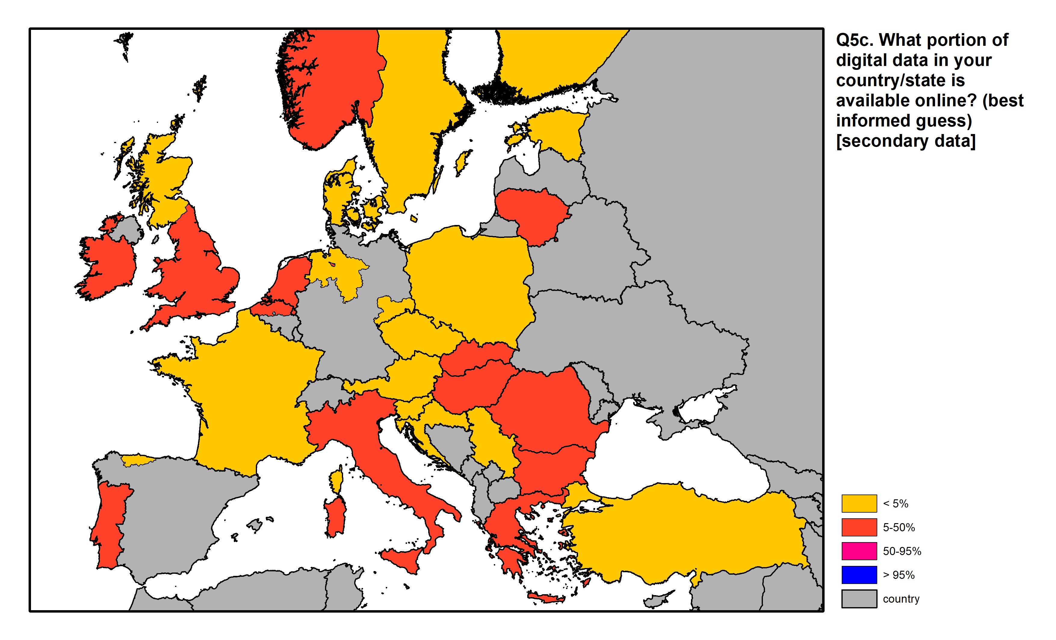 Figure 17: a map of Europe showing countries and regions in colour based on response rates to the survey question.