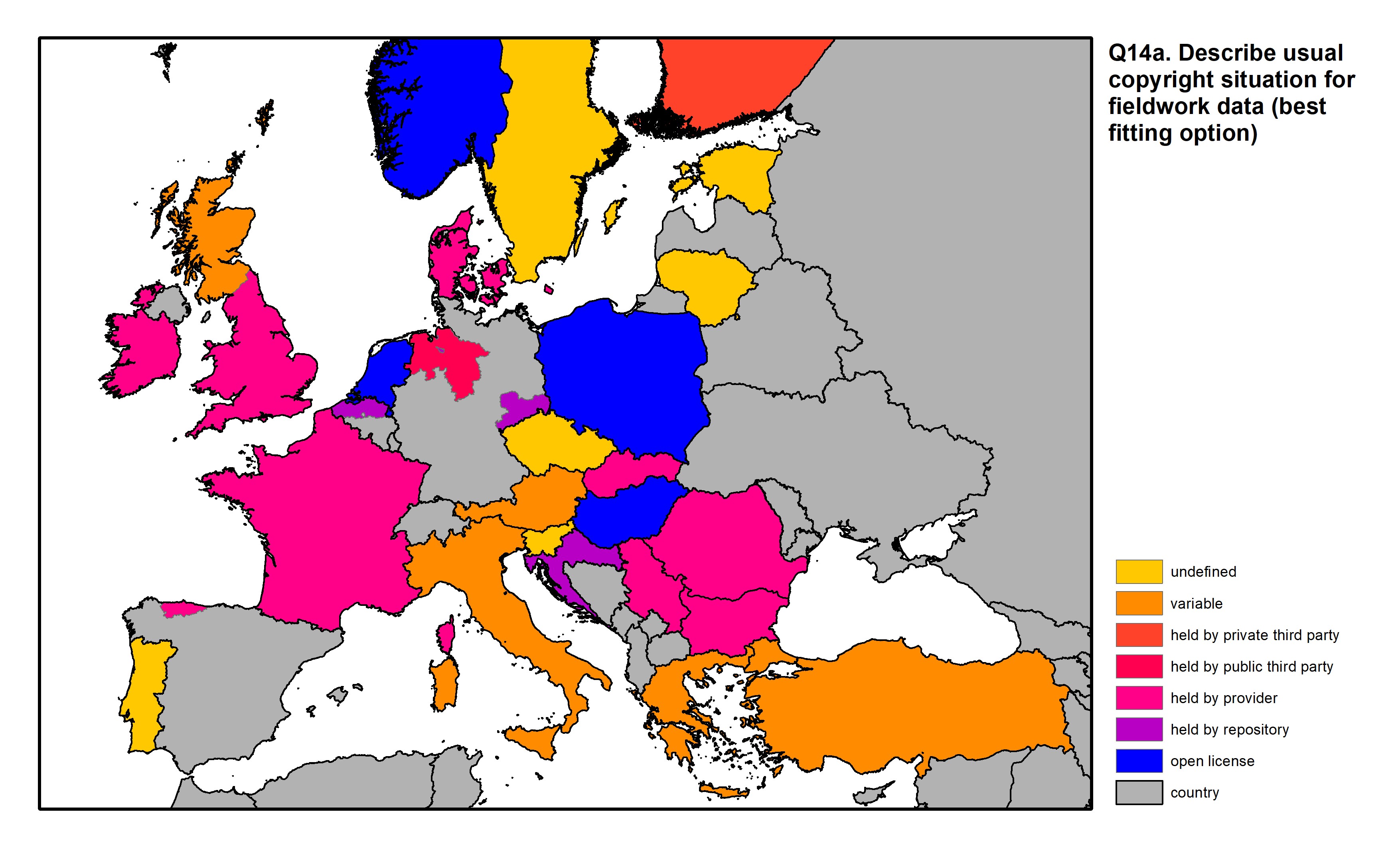 Figure 46: a map of Europe showing countries and regions in colour based on response rates to the survey question.