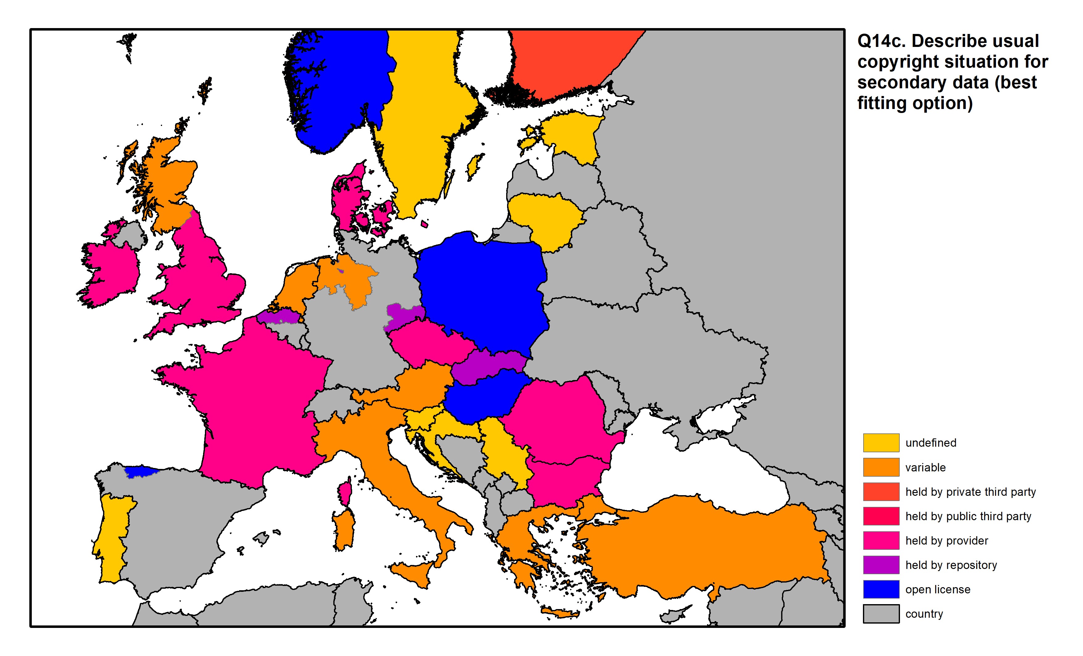 Figure 48: a map of Europe showing countries and regions in colour based on response rates to the survey question.