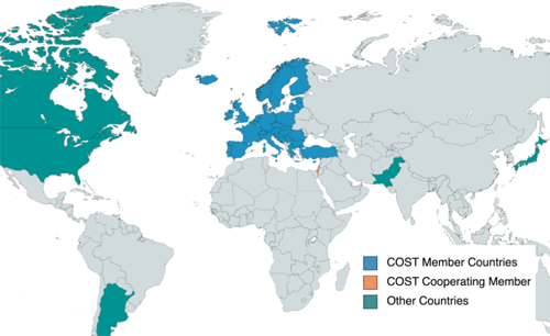 Map of the world showing countries highlighted in colour participating in COST (European Cooperation in Science and Technology)