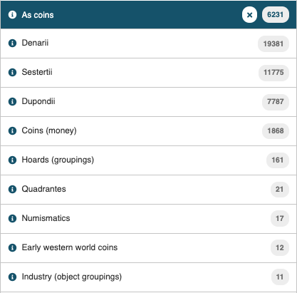 a screenshot of the list of AAT terms produced by a search 'Getty AAT subjects: as coins'