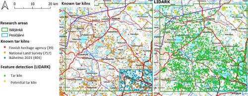 two maps showing the impact of semi-automated feature detection on the number of known tar kilns in one of the research areas studied in the LIDARK-project