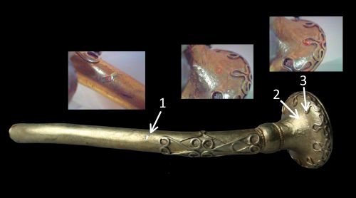 Colour photograph of terminal end with inset close up photos indicating XRF analysis points