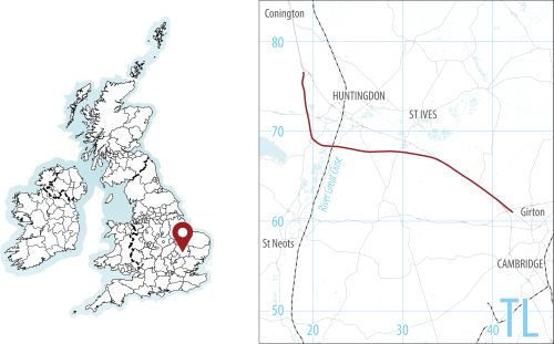 Map of British Isles showing location and more detailed map showing general project area around Huntingdon