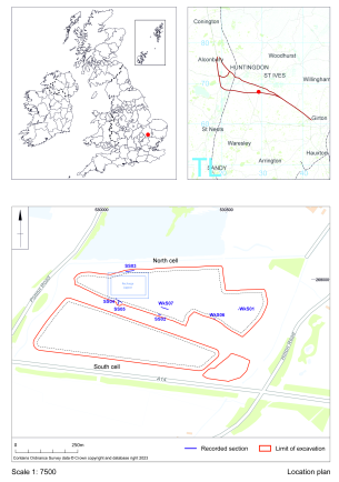 3 maps showing excavation limits of the Borrow Pit TEA28 BP3, at national, regional and local zoom levels