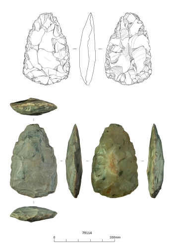 6 different angles of a handaxe above a 0-100mm scale