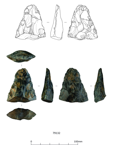 6 different angles of a handaxe tip fragment above a 0-100mm scale