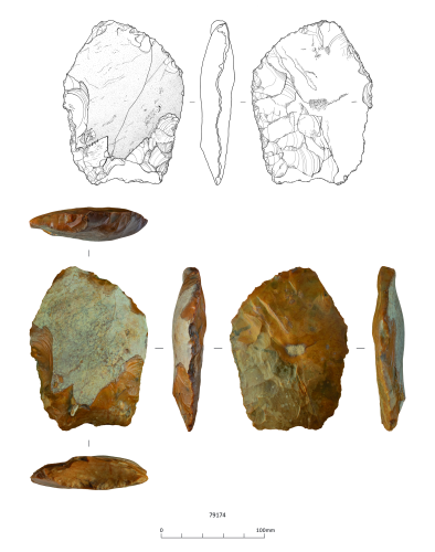 6 different angles of a cleaver above a 0-100mm scale