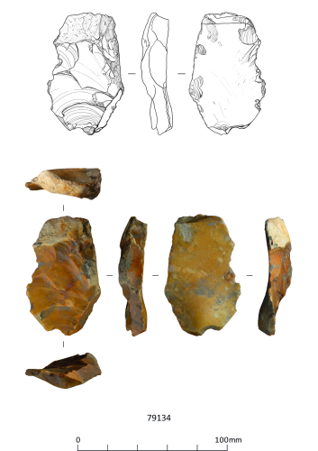 front, back, top and bottom of an unretouched flake above a 0-100mm scale