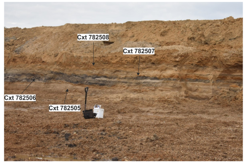 a cross-section of a exposed rocks with tools in the foreground