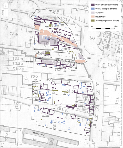 map showing Excavation results, overlaid on 1840 tithe map