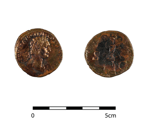copper-alloy coin SF1 from 1114 base of well group 1001