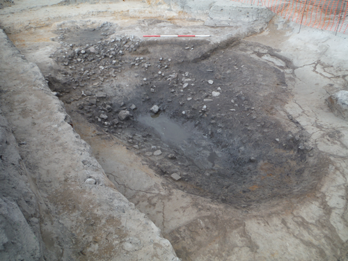 Surface (3172) in watering hole [3015]/[3052], facing north-east. 0.5m scale units