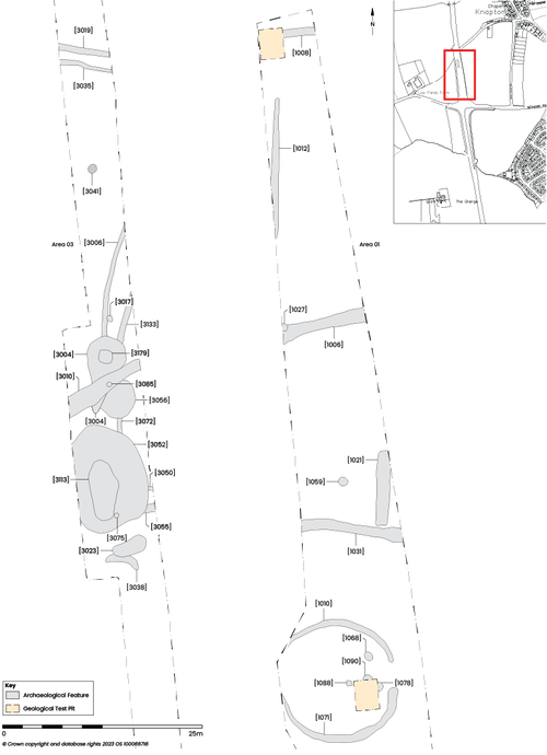 Plan of archaeological features in Areas 1 and 3