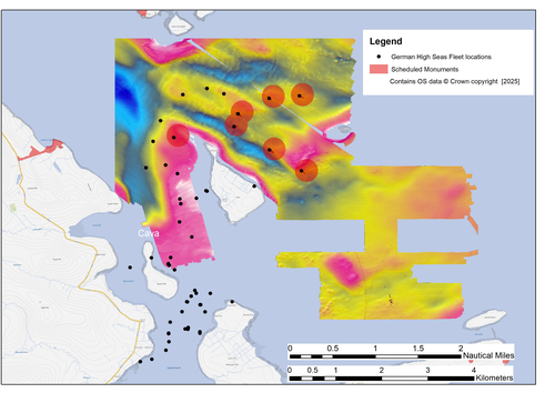This image shows a georeferenced raster plot from a bathymetric survey undertaken between 2001 and 2006 in Scapa Flow where the German High Seas fleet was scuttled in 1919. The locations of wreck sites are shown as black dots with those protected as scheduled areas highlighted in red.