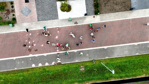Figure 18: Drone image showing the chalked outlines of a medieval farm, aligned with the orientation of modern housing.